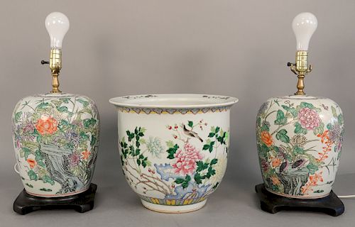 Three Chinese porcelain pieces to include pair of Famille Rose ginger jars made into lamps (ht. 21 1/2 in.) along with a Famille Ros...