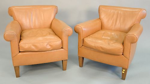 Pair of Ghurka tan leather library club chairs, with original receipt from Ghurka for $10,608.