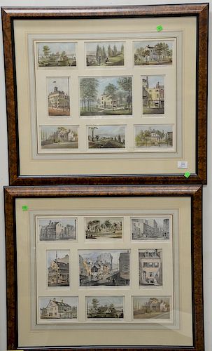 Group of seven frames colored postcard groups by Major and Knapp, New York scenes, along with three double page news paper illustrat...