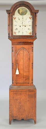 Oak tall clock with brass works, weights, and pendulum, dial marked J. Wakefield Ayton Banks, circa 1790-1810. ht. 84 in.