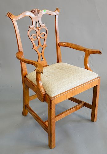 Eldred Wheeler tiger maple Chippendale style armchair, signed on bottom, ht. 39 in.