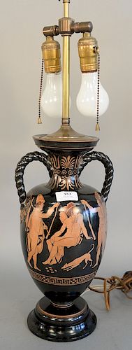 Greek style terracotta urn made into table lamp, black with figure, vase ht. 14 in., total ht. 24 in.