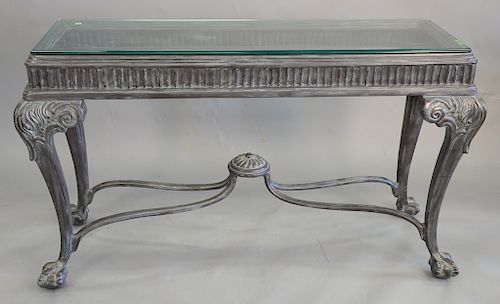 Metal and glass top hall/sofa table with ball and claw feet, ht. 33 1/2 in., top 17 1/2" x 54 1/5"