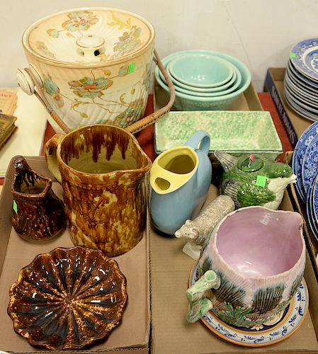 Four box lots to include nest of bowls, three pieces of Rockingham type pottery, Majolica, etc.
