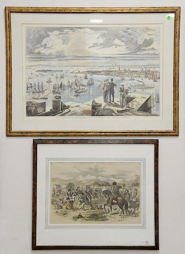 Group of ten famed lithographs and prints to include Louis Augier "New York in 1831 St. Paul's Church," Harbor print, Albany print, ...