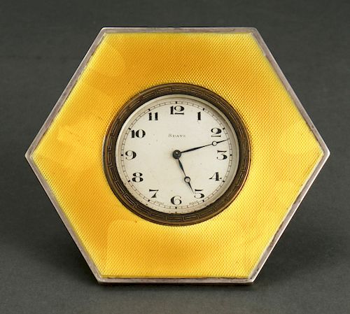 Art Deco Guilloche Enamel Silver 8 Days Desk Clock