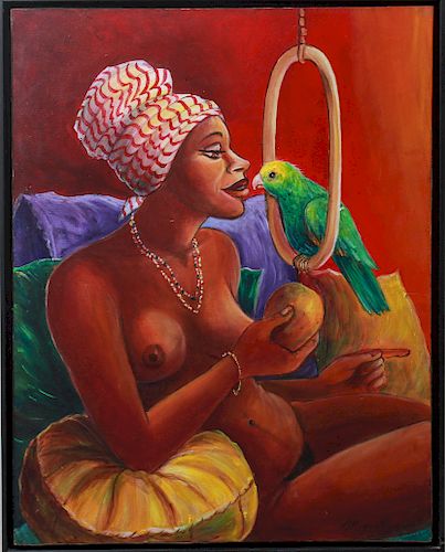 Miguel Ordoqui "Woman with Parrot" Oil on Canvas