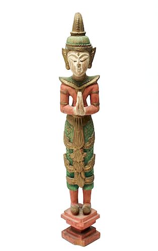 Balinese Polychrome Carved Wood Praying Sculpture