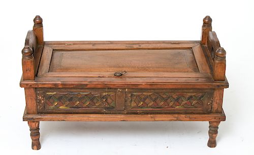 Southeast Asian Polychrome Carved Wood Low Bench