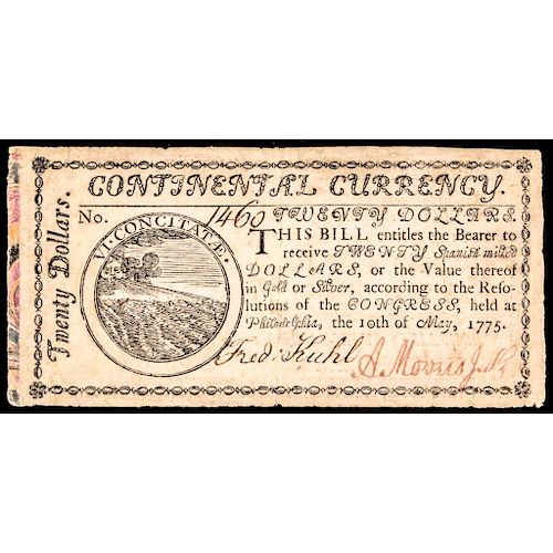 1st Continental Currency Issue, May 10, 1775 $20 MARBLED BORDER Note PCGS EF-40