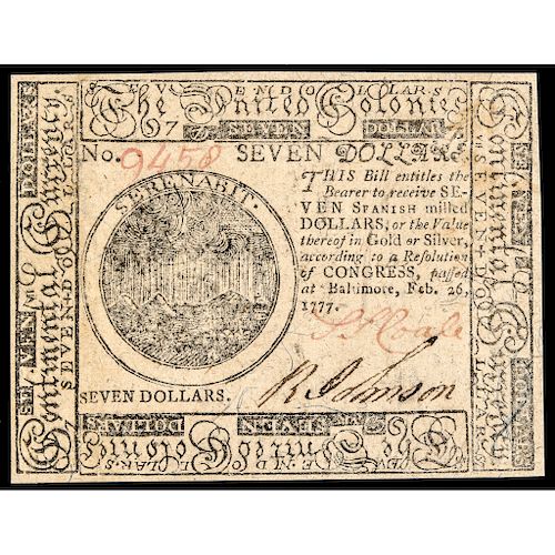 Continental Currency, February 26, 1777 $7 Baltimore Issue Choice Uncirculated