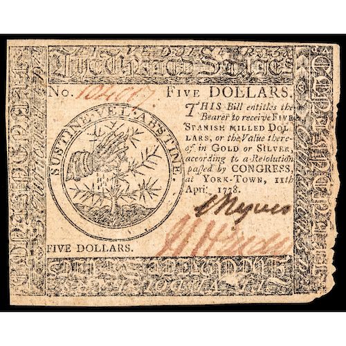 Continental Currency April 11, 1778 Yorktown Issue Five Dollars PMG Choice VF-35