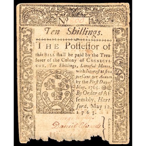 Colonial Currency, Connecticut May 12, 1763 Ten Shillings Genuine PCGS EF-40