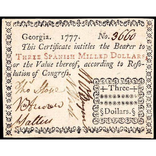 Colonial Currency, GA. 1777 $3 Typeset Note Choice EF to About Uncirculated