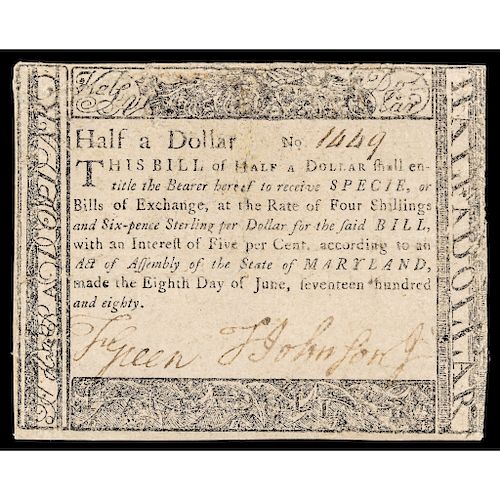 Colonial Currency, Maryland June 8, 1780 Half a Dollar BLACK MONEY Note Rarity!