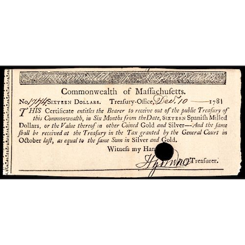 Colonial Currency, MA, 1781, 16 Spanish Milled Dollars Treasurers Certificate