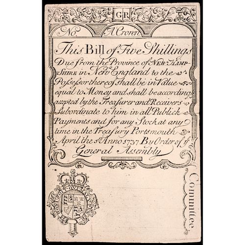 New Hampshire. April 1, 1737. Five Shillings. c. 1850 "Cohen" Reprint