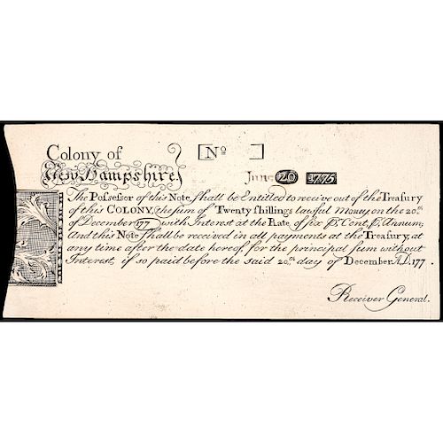 Colonial Currency Note, NH, June 20, 1775, 20s REPRINT Choice About Uncirculated