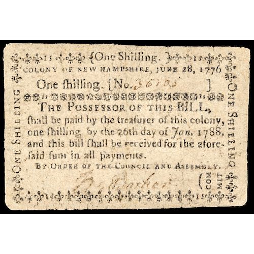 Colonial Currency, New Hampshire, June 28, 1776, One Shilling Choice Very Fine
