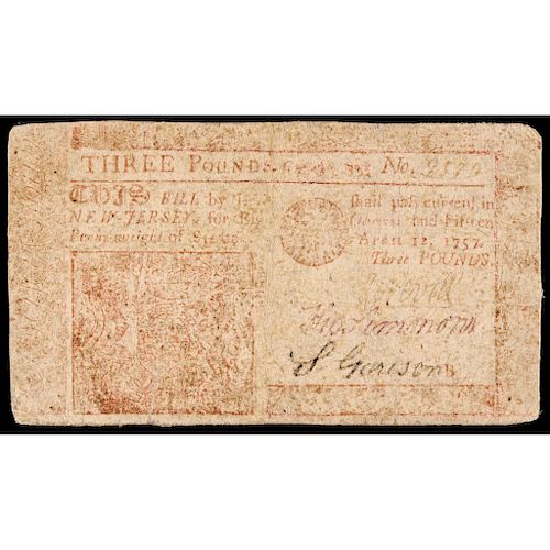 Colonial Currency, NJ. April 12, 1757 3 Pounds with RED Printed Face Very Fine