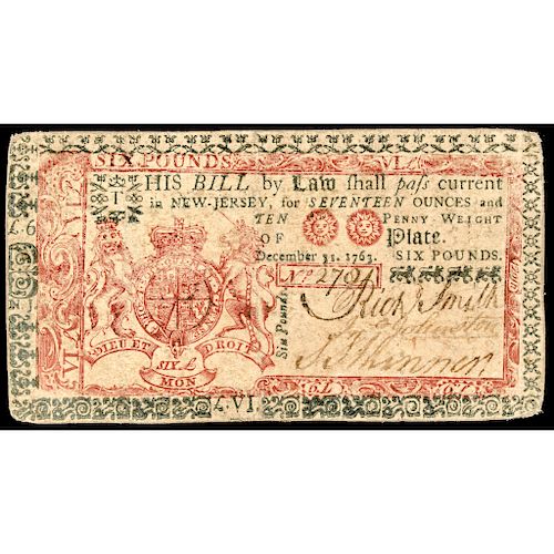 Colonial Currency New Jersey December 31, 1763 Blue and Red Six Pounds Choice VF