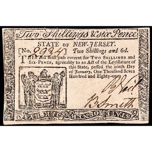 Colonial Currency, NJ, January 9, 1781, 2s6d Choice Crisp About Uncirculated