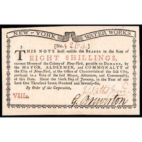 Colonial Currency, New York January 6, 1776 NEW YORK WATER WORKS Gem Crisp Unc!