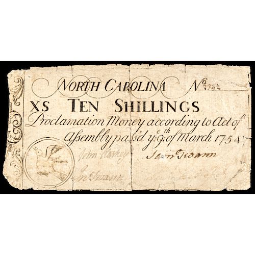 Colonial Currency, North Carolina March 9, 1754 10 Shillings BIRD Vignette Fine