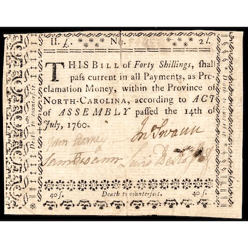 Colonial Currency, NC, July 14, 1760. 40 Shillings. PCGS Extremely Fine-40