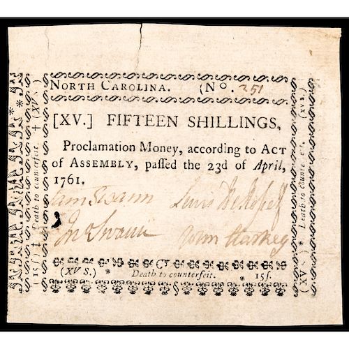Colonial Currency, North Carolina April 23, 1761 Act 15s PMG Very Fine-20 Note