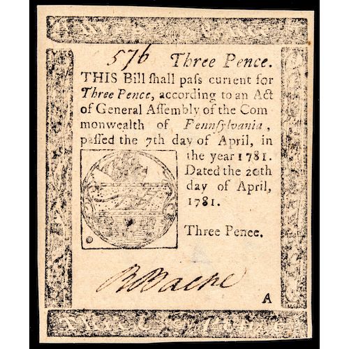 Colonial Currency, PA April 20, 1781 3 Pence Penee Error Spelling RICHARD BACHE 