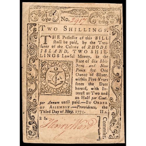 Colonial Currency, Rhode Island May 3, 1775 Two Shilling PMG Choice Very Fine-35