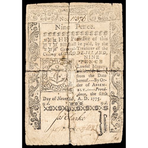 Colonial Currency Rhode Island, November 6, 1775, 9 Pence Revolutionary War Note