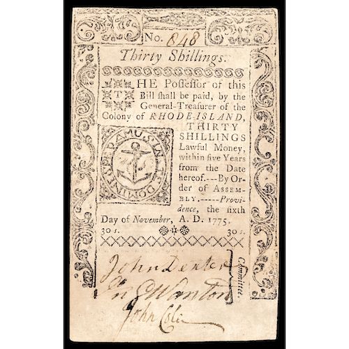 Colonial Currency. Rhode Island. Nov. 6, 1775. 30s. PCGS graded Very Fine-35