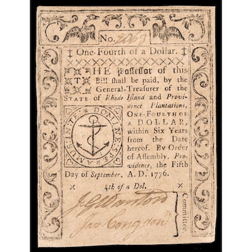 Colonial Currency, Revolutionary War Rhode Island Sept. 5, 1776 $1/4 PMG VF-20
