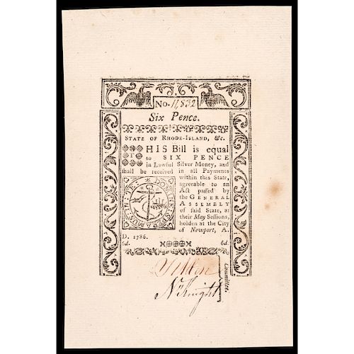 Colonial Currency Note, RI, May 1786, 6 Pence Jumbo Margins Gem Crisp Unc