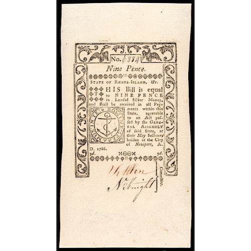 Colonial Currency, Rhode Island May 1786 9 Pence PMG GEM Unc-66 EPQ