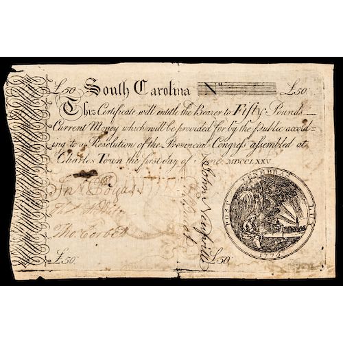Colonial Currency, SC. June 1 1775 Fifty Pounds FOR THE PUBLICK GOOD PCGS VF-25