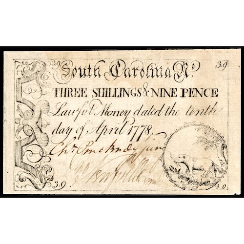 Colonial Currency, CHARLES PINCKNEY, JR. Signed. South Carolina. April 10, 1778