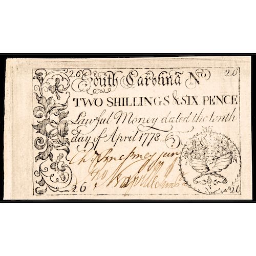 Colonial Currency SC. April 1778 CHARLES PINCKNEY, JR Signed 2s6d PCGS AU-58 PPQ