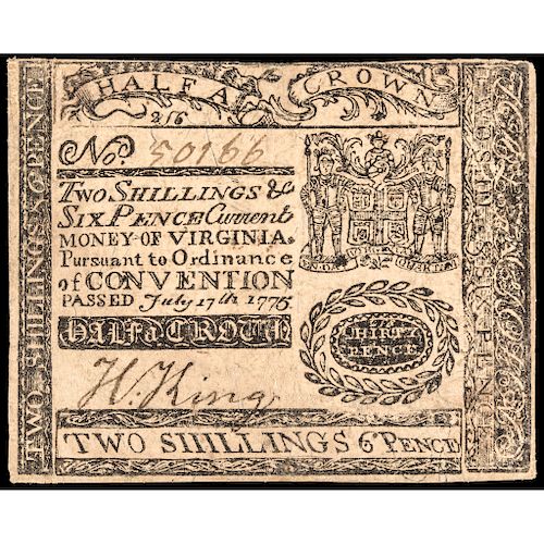 Colonial Currency, Virginia. July 17, 1775 Two Shillings Six Pence Choice Abt EF