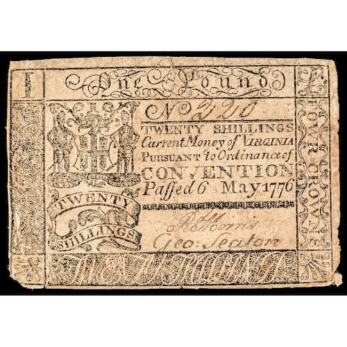 Colonial Currency, VA. May 6, 1776 One Pound or 20 Shillings FOWR CROWNS Error