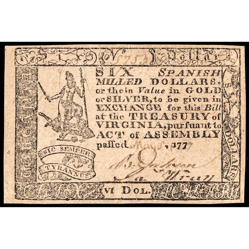 Colonial Currency VA May 5, 1777 $6 Handwritten Date Choice Crisp Extremely Fine