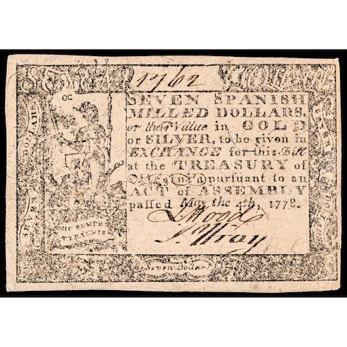Colonial Currency, Virginia. May 4, 1778. Seven Dollars. Choice Crisp EF