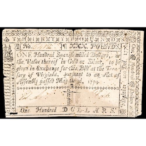 Colonial Currency, Virginia May 3, 1779 One Hundred Dollars / Thirty Pounds Note