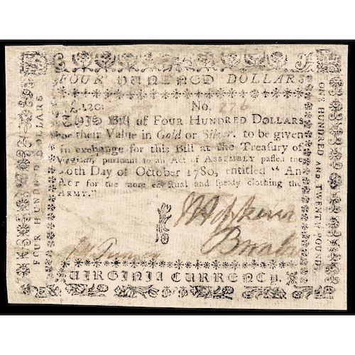 Colonial Currency, Virginia, $400, Clothing the Army Issue Note October 16, 1780