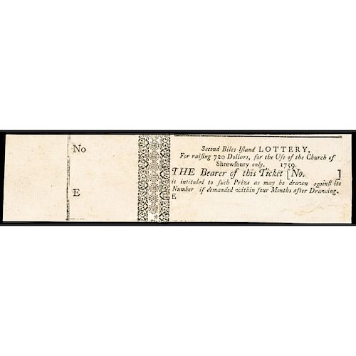 New Jersey, Full 1759 Second Biles Island Lottery Ticket Choice Extremely Fine