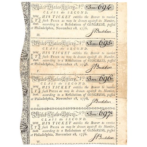 November 18, 1776 Continental Congress Uncut Lottery Sheet of Four Tickets
