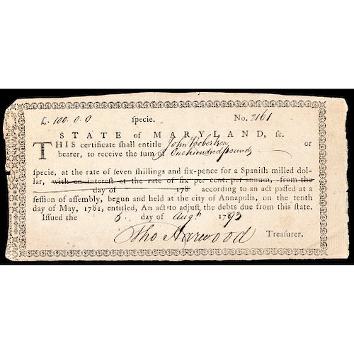1793-Dated Federal Period Unique Usage Maryland Fiscal Bond Certificate 