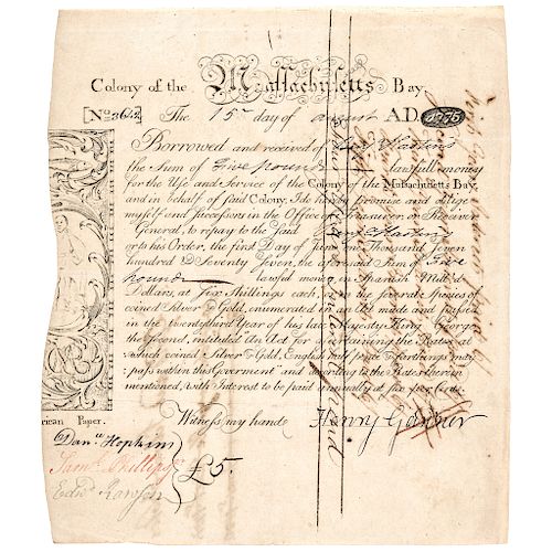 1775 PAUL REVERE Engraved + Printed KING PHILIP Mass. Loan Certificate Document